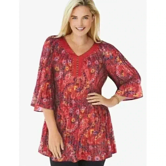 Woman Within Women L 18 20 Pleated Floral Blouse Top Red Multicolor LS Studs - Picture 8 of 8